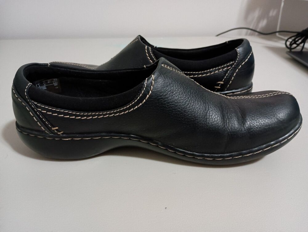 Clarks Women's Ashland Joy Loafer Black Leather Slip-On Ortho Clog Shoes Size 11